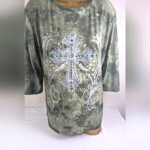 Lady Noiz Light Olive Green Cross Bling on Front & Back 3/4 Sleeve 2X